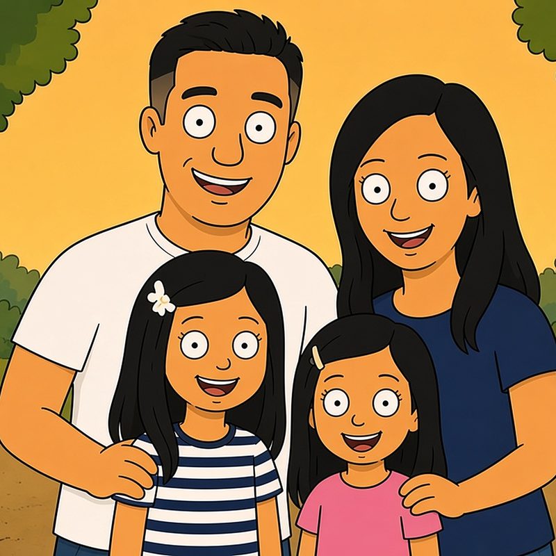 Illustration of Wil, founder of Wild in Training, with his wife and two daughters on a park trail