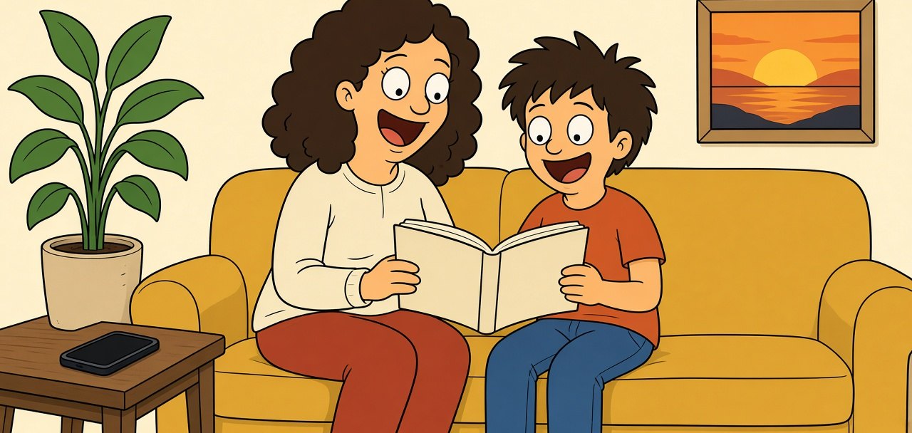 A mom and her son laughing over a book together on the couch
